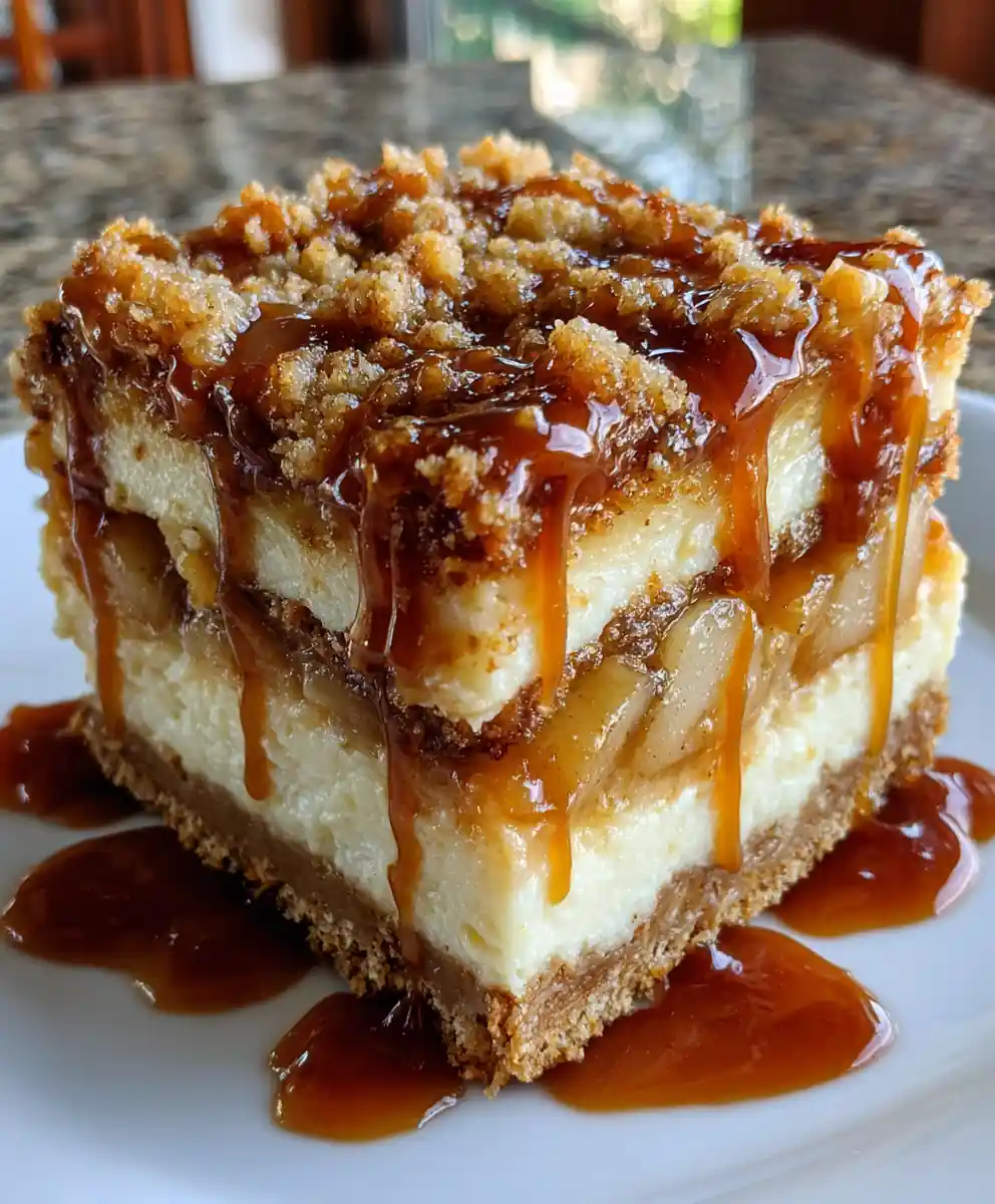 Decadent Caramel Apple Cheesecake Bars with Oat Crumb Topping