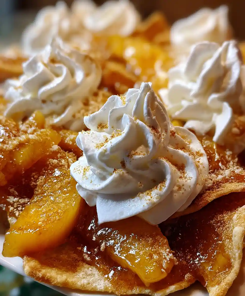 Irresistible Peach Cobbler Nachos with Sweet Whipped Cream Topping